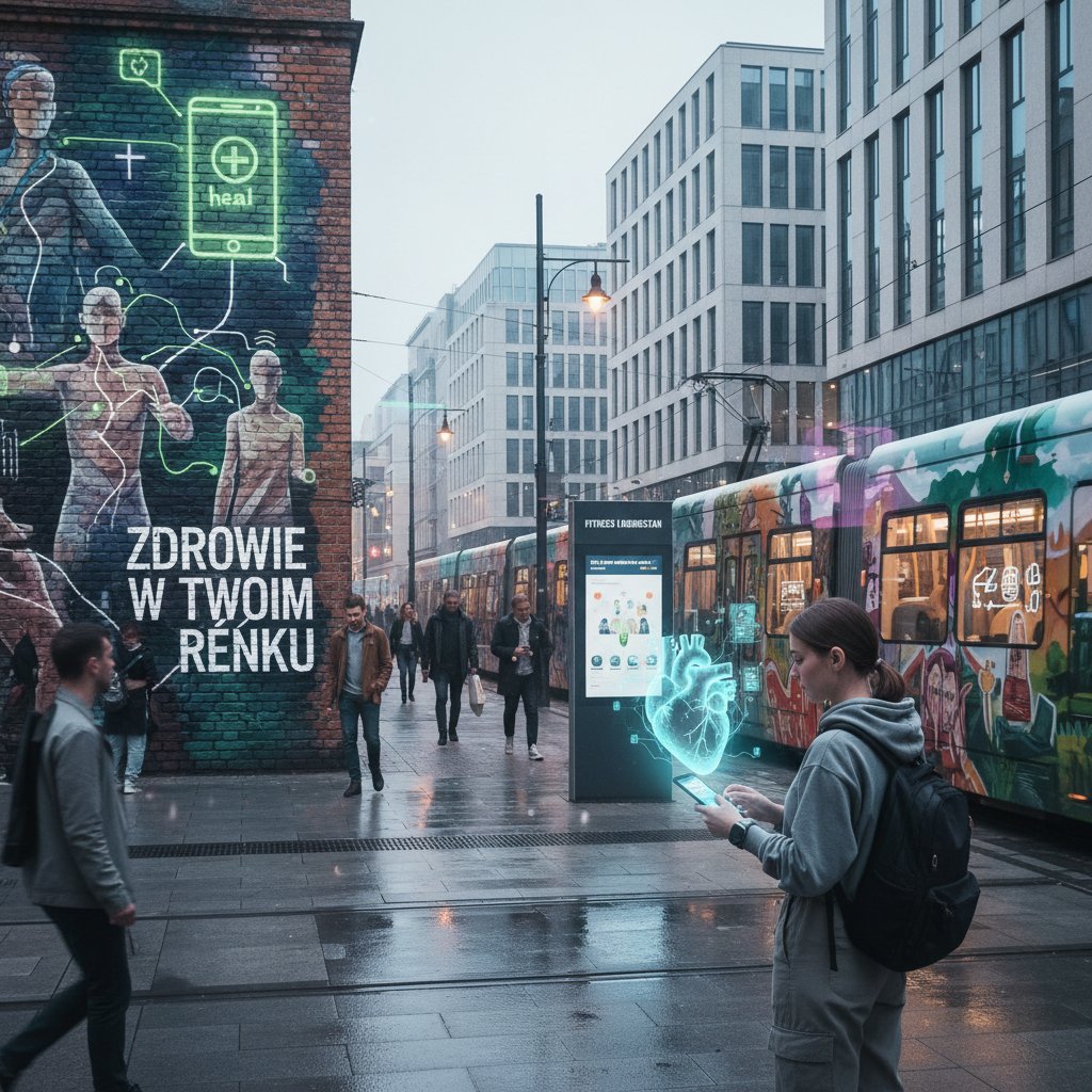 Polacy z sceptycznym wyrazem twarzy rozmawiają o chatbotach diagnostycznych na ulicy, trzymając smartfony