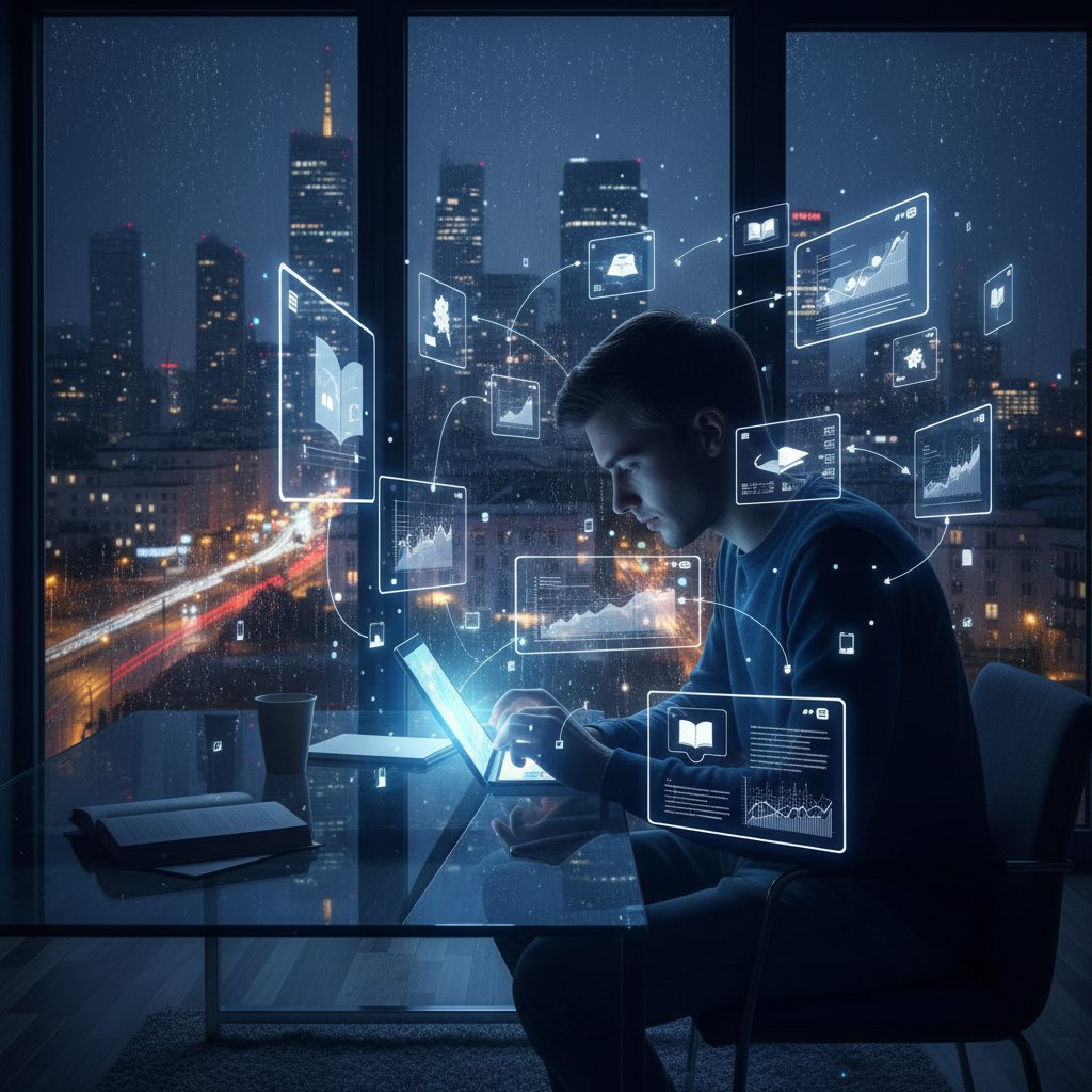 Uczeń pracujący wieczorem przy komputerze, ekran rozświetlony adaptacyjną platformą nauczania, w tle nocny widok miasta