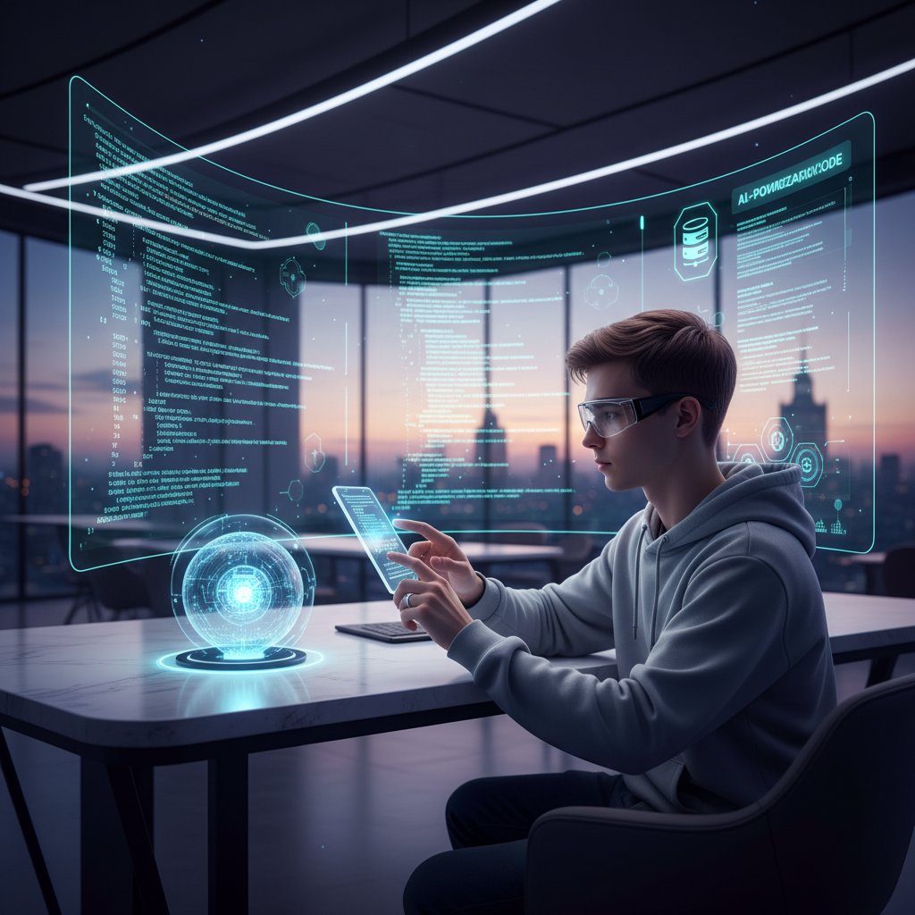 Polski kursant korzystający z AI na smartfonie, analiza kodu DevOps, nowoczesna technologia