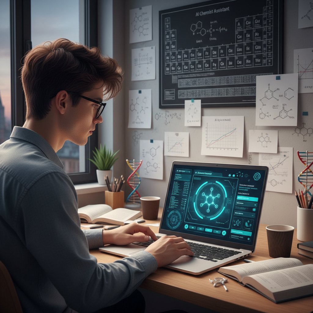 Polski uczeń korzysta z aplikacji AI na laptopie, wykresy i wzory chemiczne na ekranie