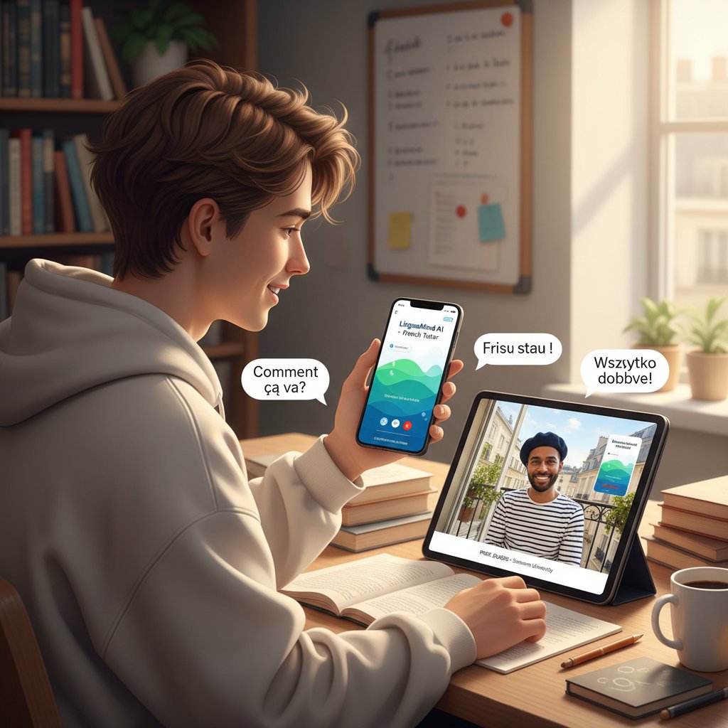 Polska studentka korzystająca równocześnie z aplikacji AI i wideorozmowy z nauczycielem francuskiego