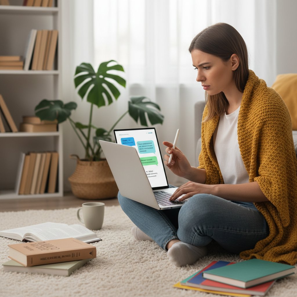 Młoda studentka ćwicząca rozmowy z AI w domowym zaciszu, ekran laptopa z rozmową w języku angielskim