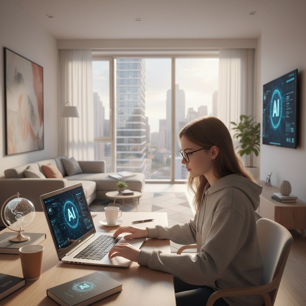 Polski uczeń korzystający z platformy AI do nauki, ekran laptopa, skupienie, nowoczesne wnętrze