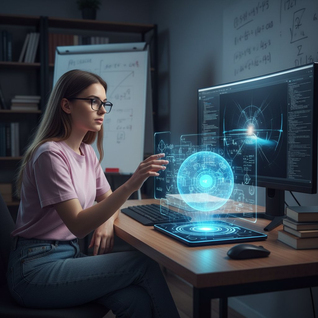 Polski uczeń korzystający z AI do nauki fizyki, wirtualny asystent na ekranie laptopa, atmosfera przyszłości i technologii