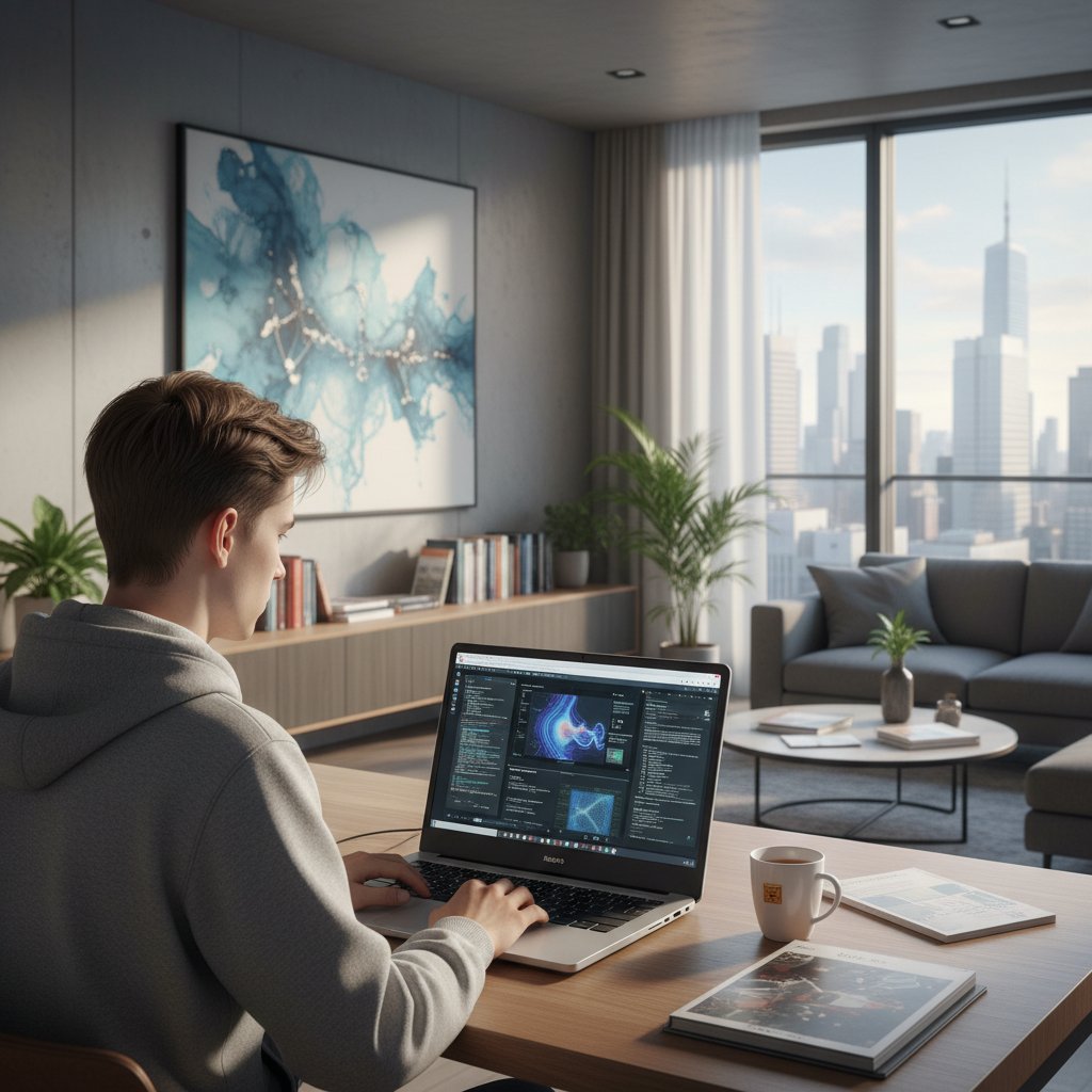 Technologie w edukacji: uczeń korzystający z aplikacji AI do nauki fizyki, ekran laptopa z wykresami i symulacjami, nowoczesne mieszkanie