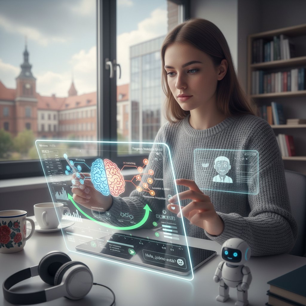 Student korzystający z AI do nauki hiszpańskiego online, interaktywny ekran, analiza postępów