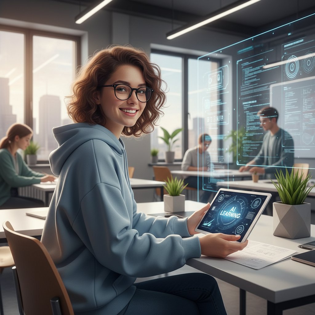 Uśmiechnięty uczeń korzystający z tabletu podczas nauki z AI, nowoczesna klasa