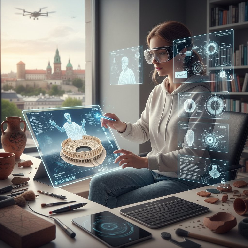 Student korzystający z platformy AI, archeologia online korepetycje, nowoczesne nauczanie