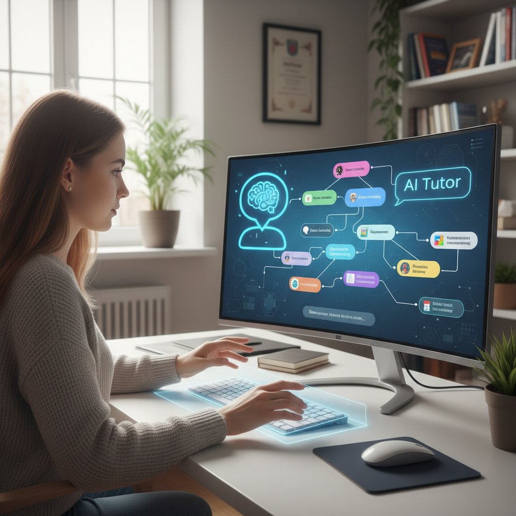 Uczennica pracuje z AI-tutorem podczas burzy mózgów online, widoczny czat na ekranie