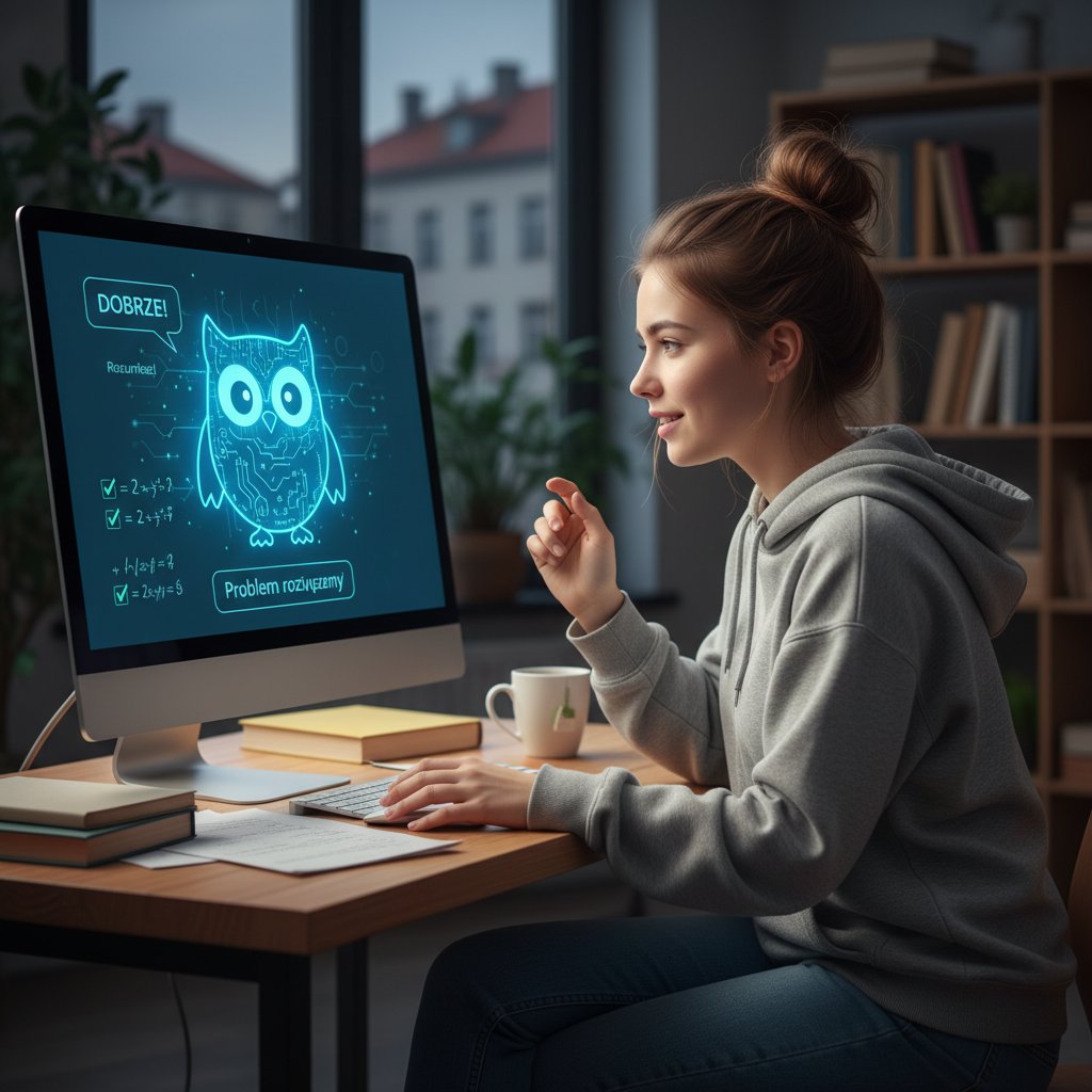 Polski uczeń korzystający z komputera, ekran z widocznym czatem AI, atmosfera skupienia i ulgi