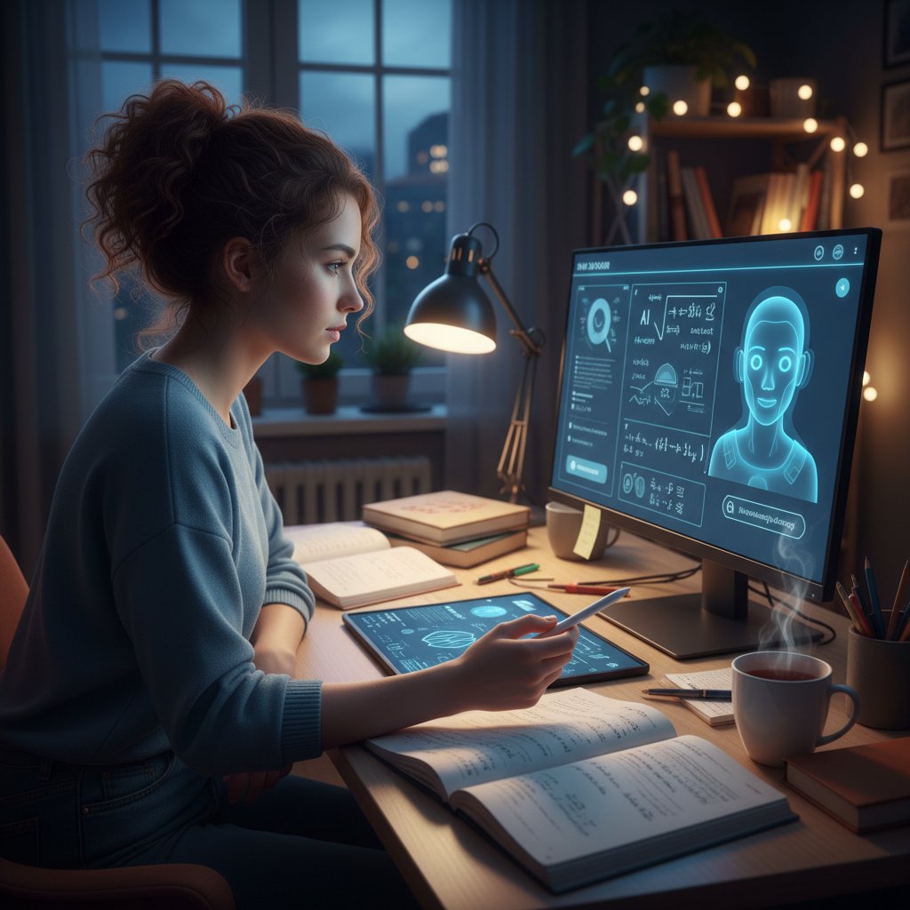 Polski uczeń zadowolony z postępów dzięki osobistemu korepetytorowi AI, komputer, notatki, wieczór