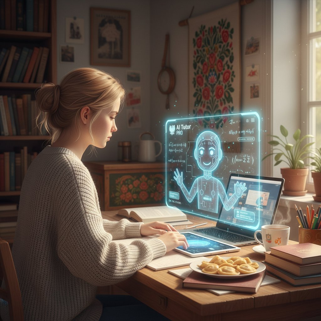 Uczeń korzystający z osobistego korepetytora AI na laptopie w domowym zaciszu, skupiona atmosfera