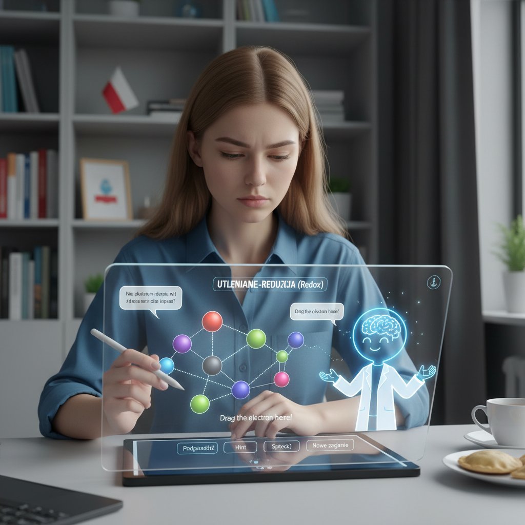 Student korzysta z korepetytora AI – ekran komputera z interaktywnymi zadaniami chemii fizycznej