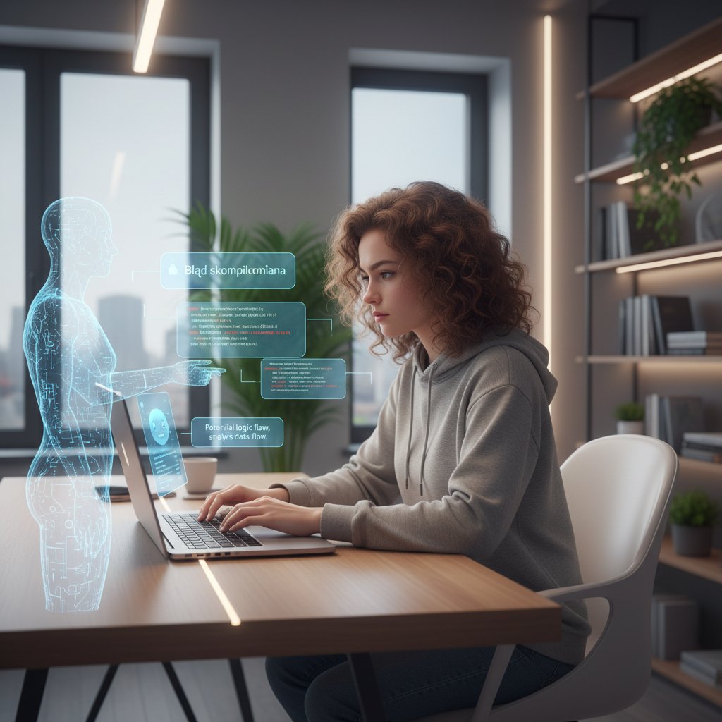 Uczeń korzystający z korepetytora AI, ekran laptopa z analizą błędów, zadowolenie z rezultatów, nowoczesne wnętrze