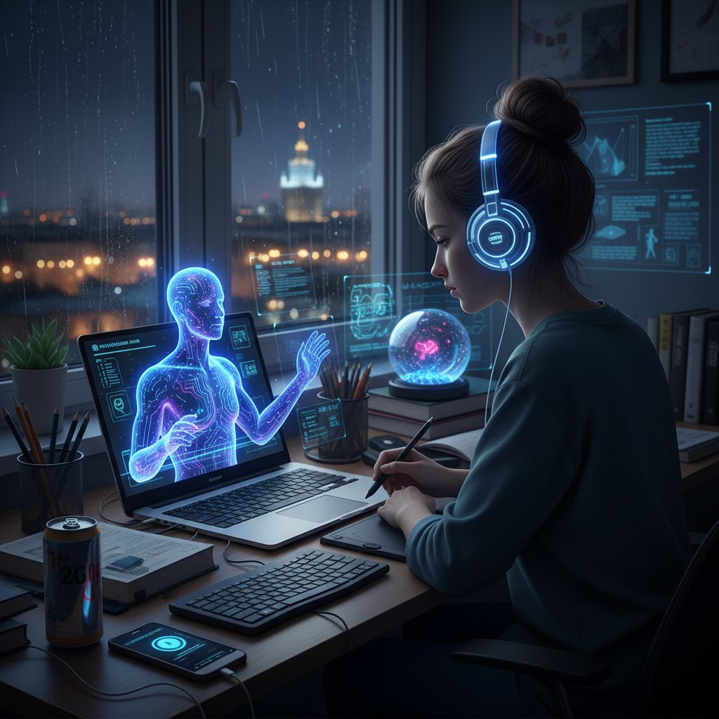 Młody Polak uczący się z AI, ekran laptopa z wirtualnym nauczycielem, atmosfera nowoczesnej technologii, noc