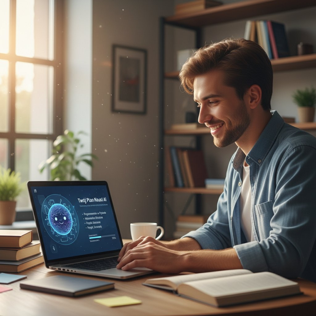 Polski uczeń korzystający z korepetytora AI, otwarty laptop, zadowolenie, ekran z planem nauki