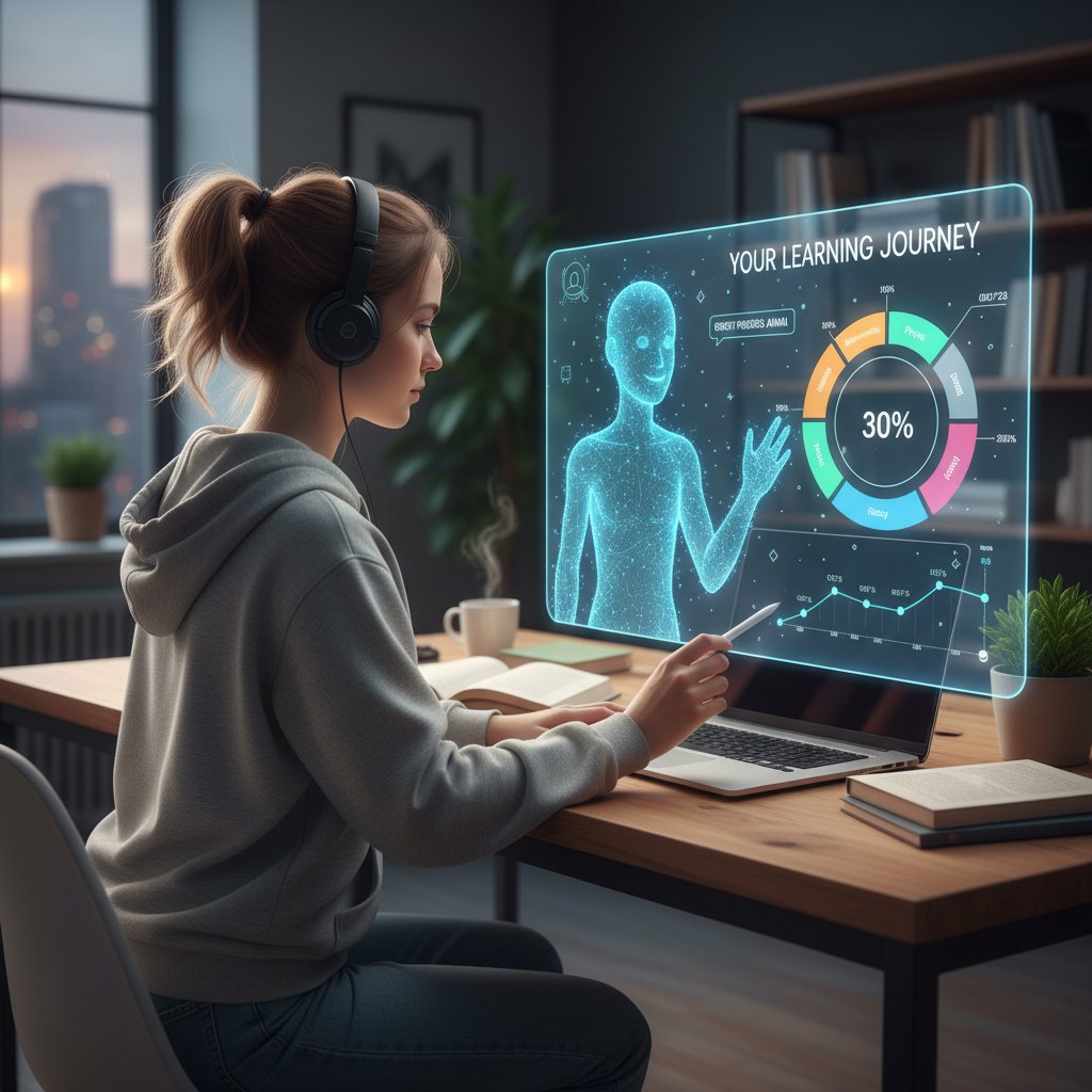Młody student korzysta z AI podczas nauki online, ekran z wykresem postępów
