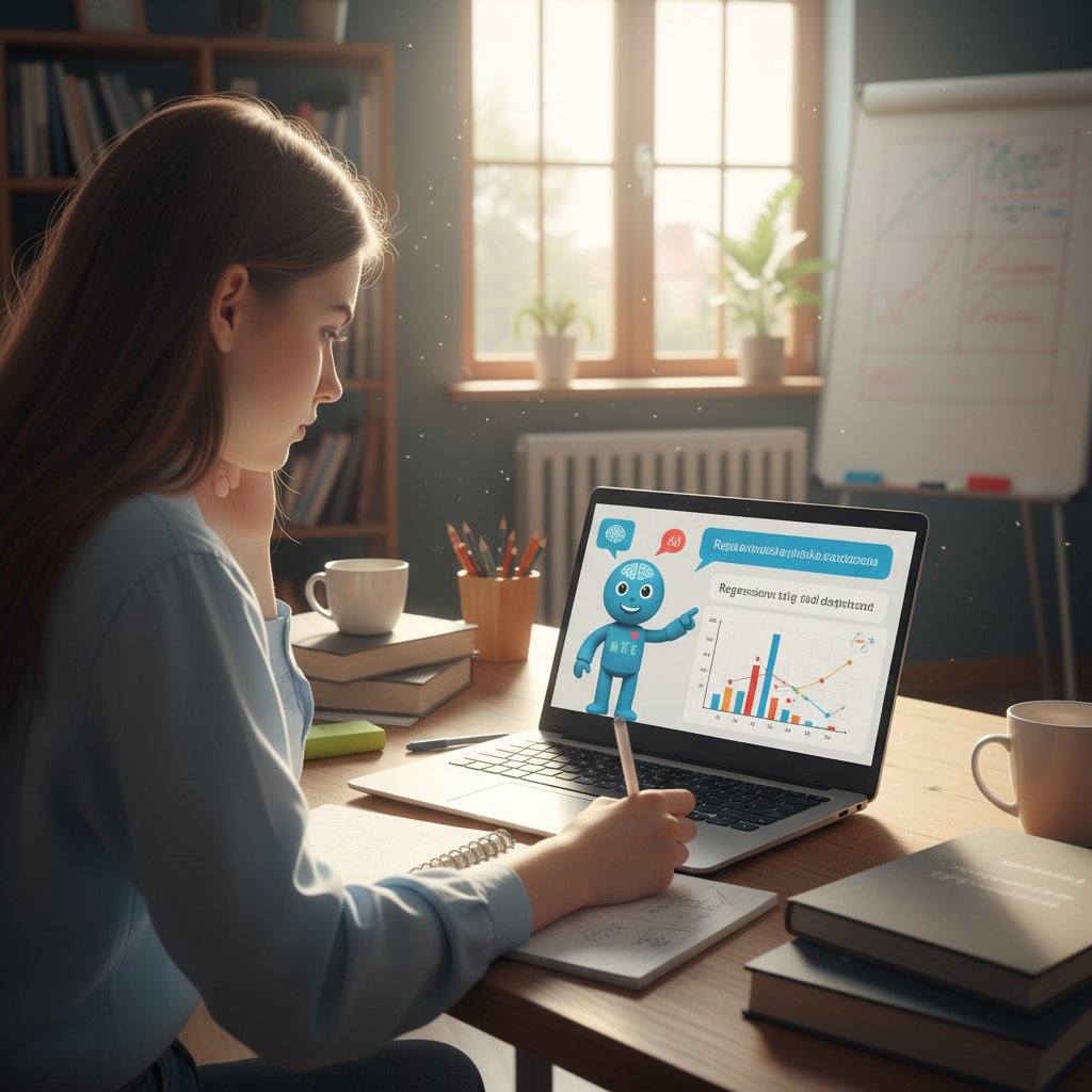 Uczennica korzystająca z korepetytor.ai do nauki statystyki online, ekran laptopa z AI