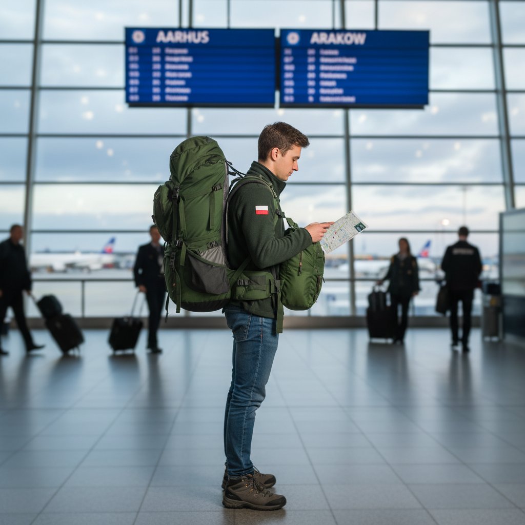 Studentka z Polski na lotnisku w trakcie podróży do Aarhus