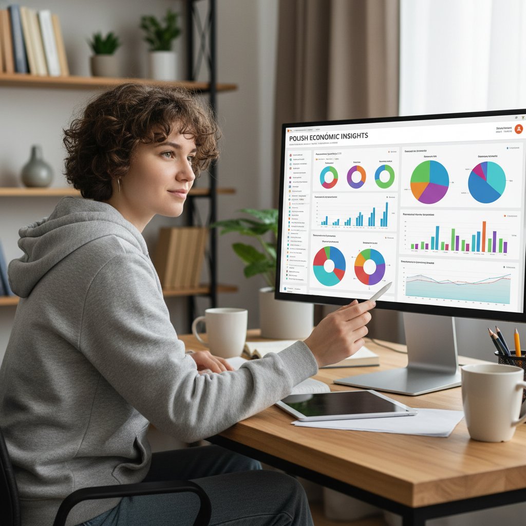 Polski student analizujący dane na laptopie z kolorowymi wykresami Power BI
