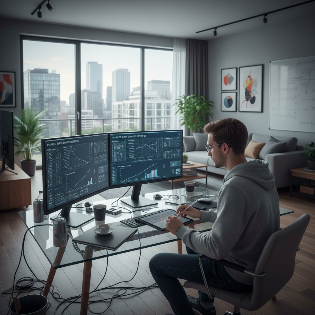 Polski student analizujący dane z laboratorium fizyki cząstek przez internet w nowoczesnym mieszkaniu