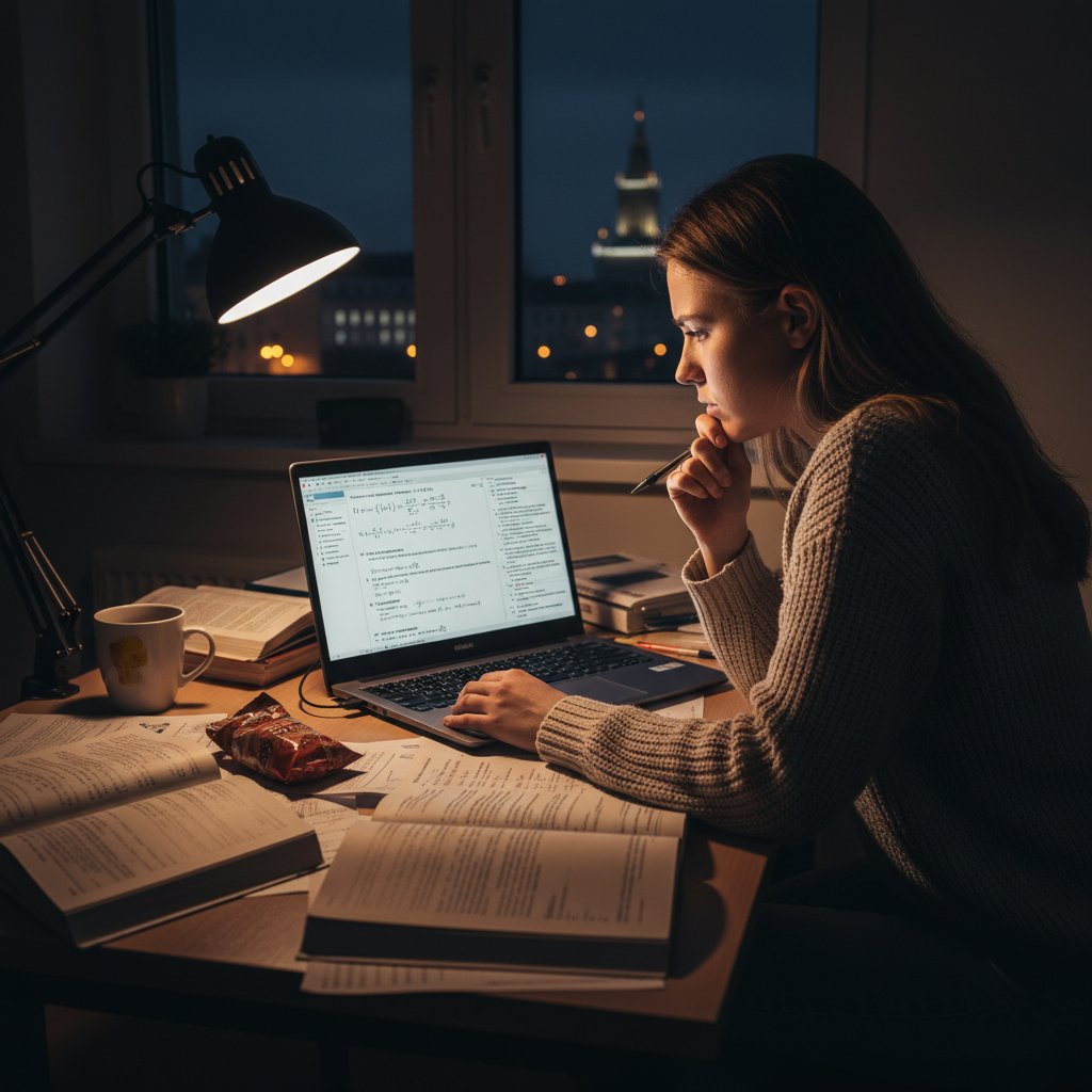 Uczeń analizujący rozwiązanie zadania z fizyki na laptopie, na ekranie szczegółowy przebieg rozwiązania