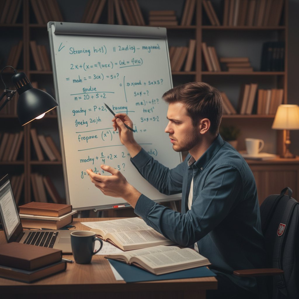 Uczeń analizujący trudne zadanie matematyczne z procentami, skupienie i determinacja