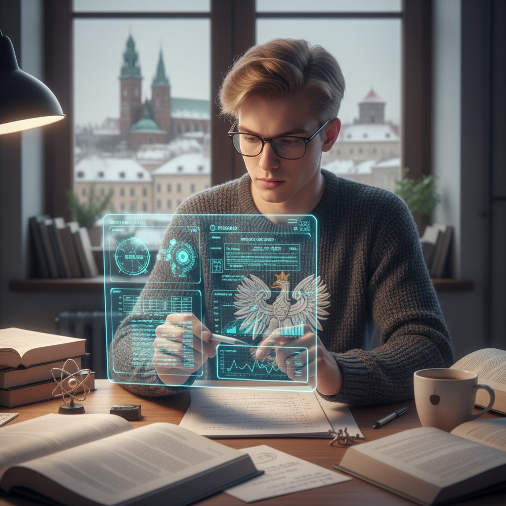 Uczeń analizujący wyniki nauki fizyki online na tablecie