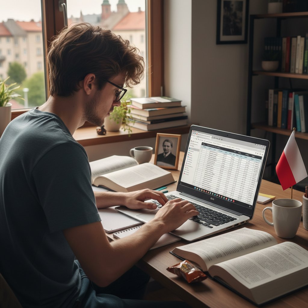 Polski uczeń analizujący wyniki testu online z fizyki na laptopie, z wyrazem skupienia