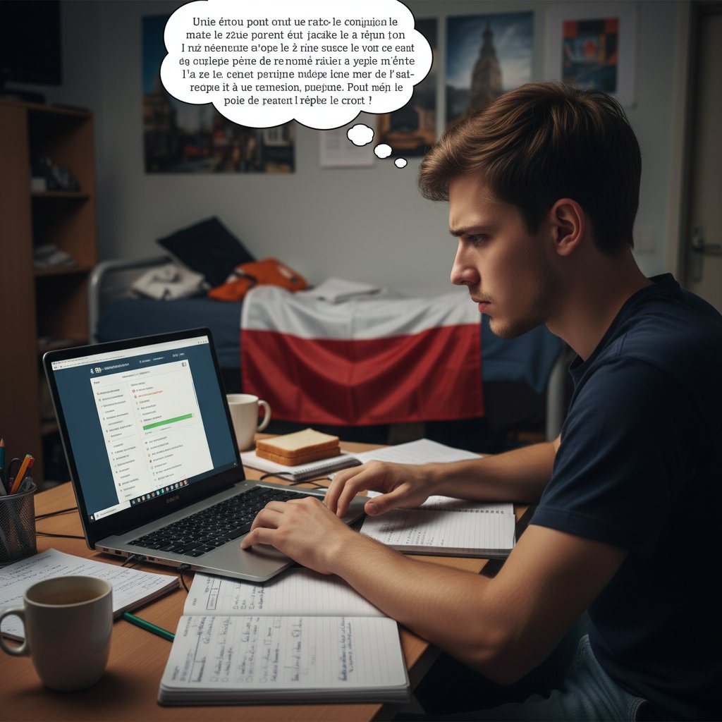 Zdjęcie polskiego ucznia patrzącego z niepokojem na komputer podczas nauki francuskiego online