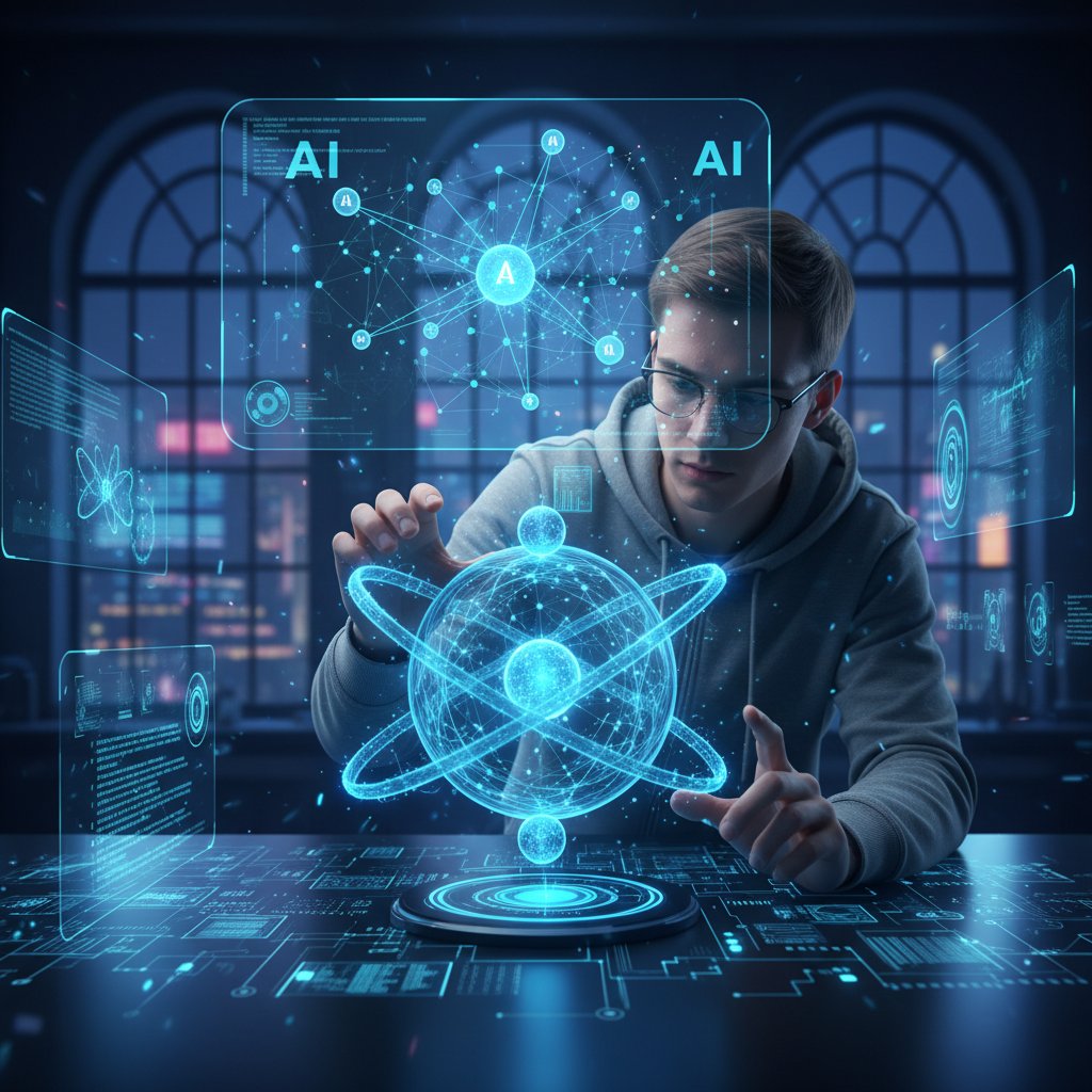 Młody polski student w ciemnym pokoju przy laptopie z modelem atomu na ekranie, niebieskie światło, atmosfera skupienia, elementy AI w tle