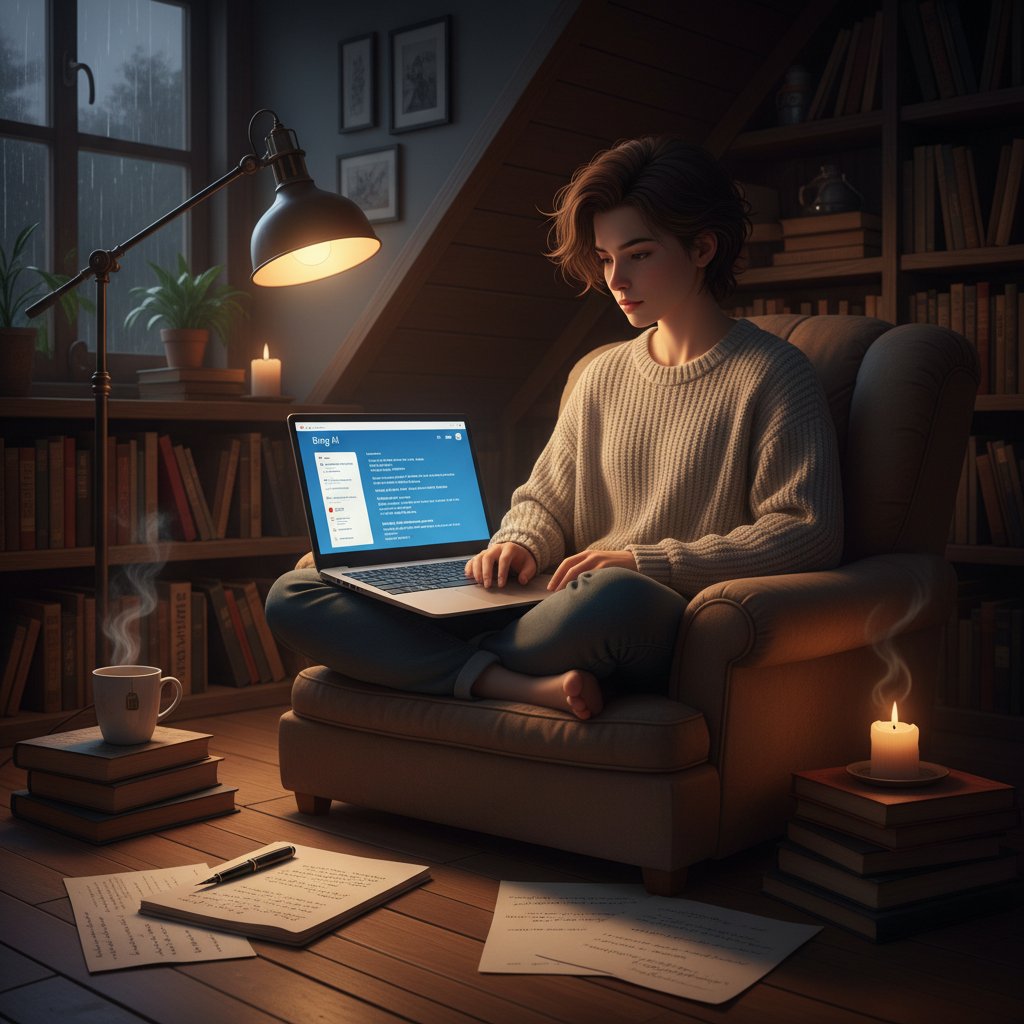 Student korzystający z Bing AI do pisania poezji po polsku, klimatyczne światło, telefon w dłoni, pokój studencki