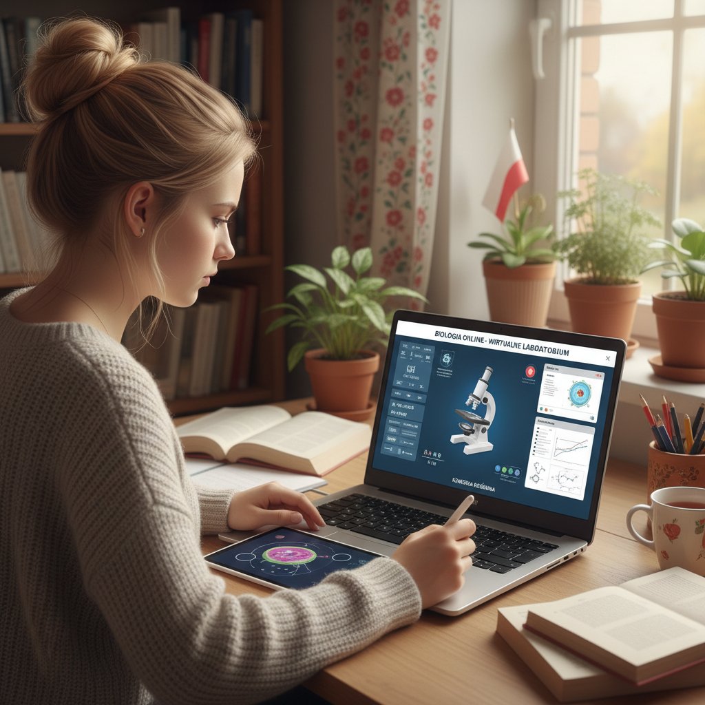 Polski uczeń podczas wideolekcji z biologii na laptopie, ekran z wirtualnym laboratorium i eksperymentem roślinnym