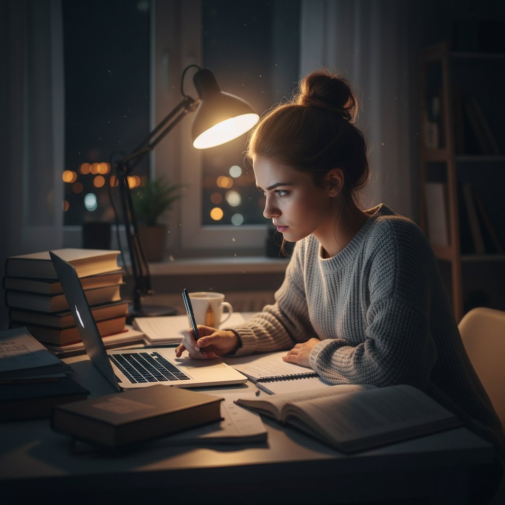 Polski uczeń przy biurku otoczony książkami i laptopem, noc, skupiona atmosfera, efektywna nauka