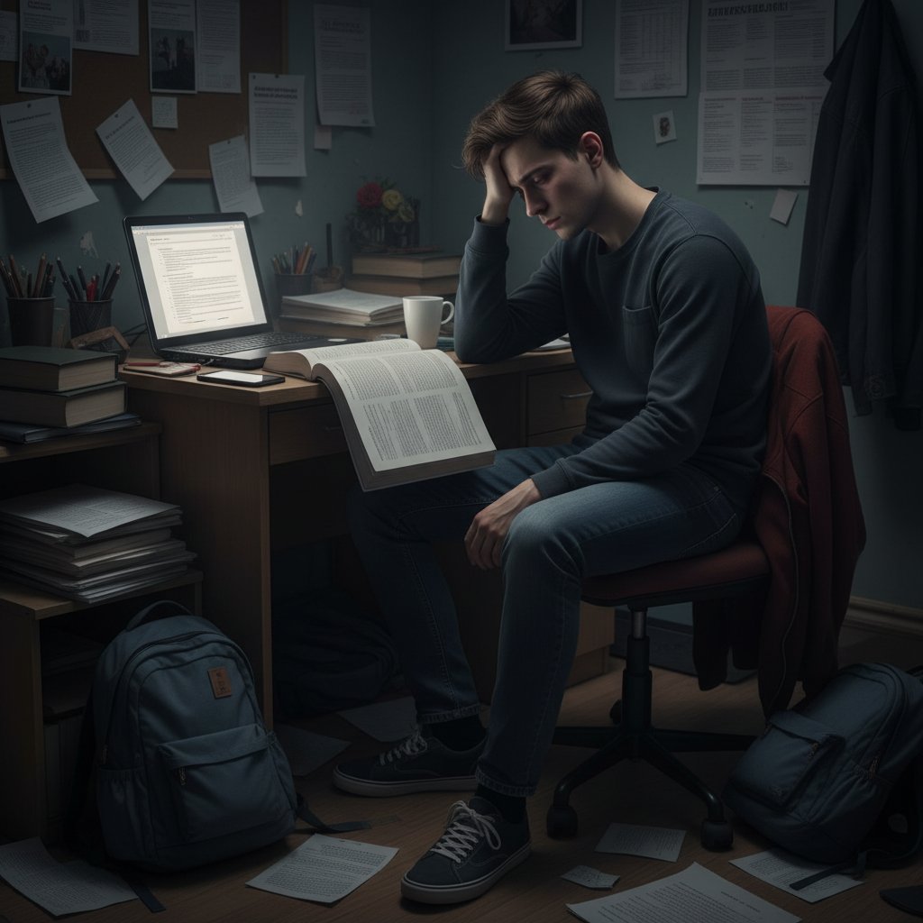 Zmęczony polski uczeń w domu, ciemny pokój, poczucie wypalenia