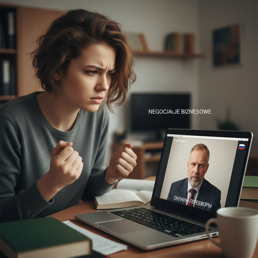 Polska studentka prowadzi biznesową konwersację po rosyjsku online z rozmówcą z Sankt Petersburga, dynamiczna scena, emocje