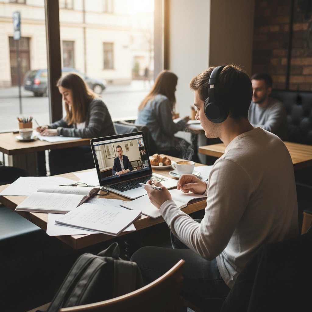 Student śledzący zajęcia rosyjskiego online w kawiarni, słuchawki na uszach, z notatnikiem