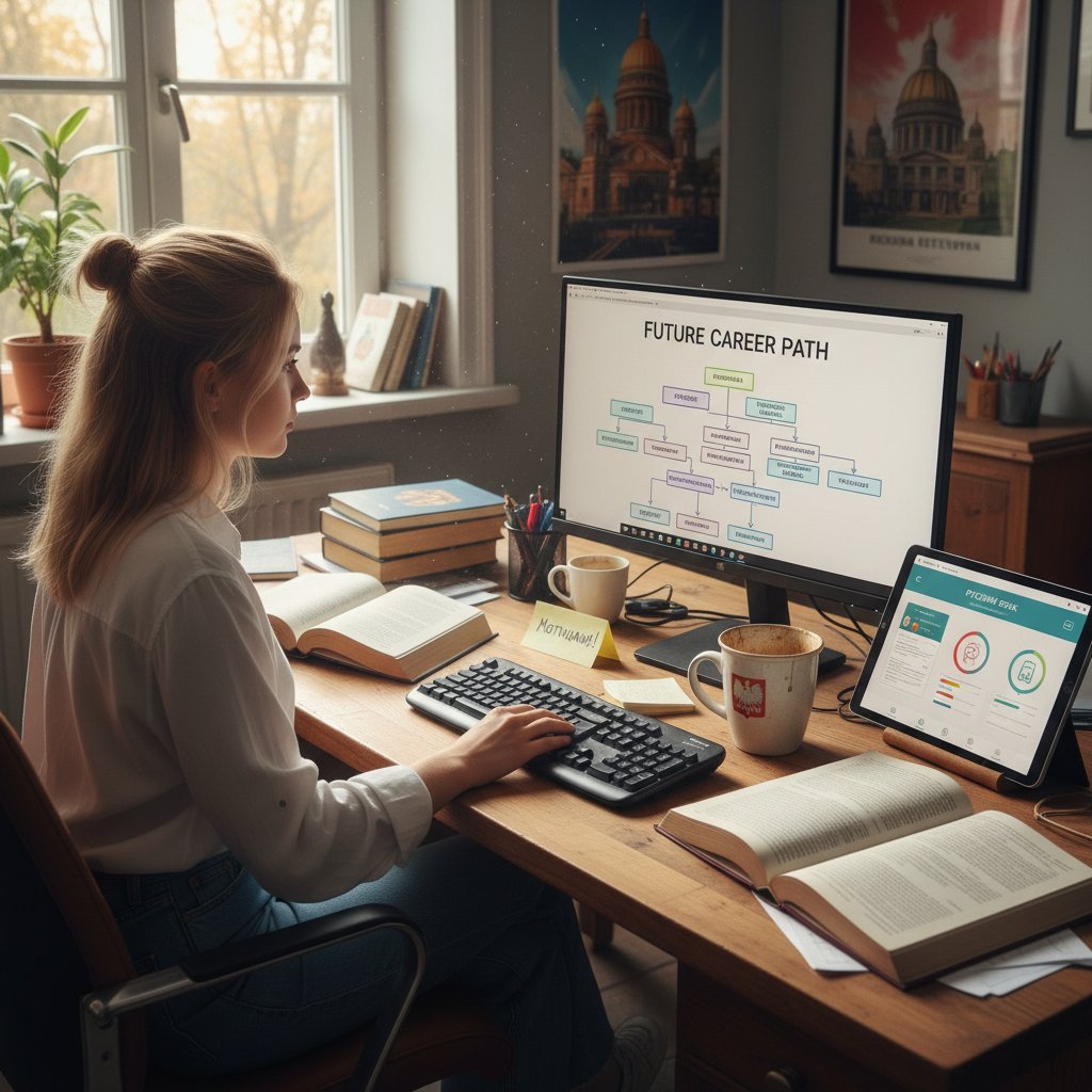 Polska studentka przy komputerze, rosyjskie książki i aplikacje na ekranie, motywy kariery