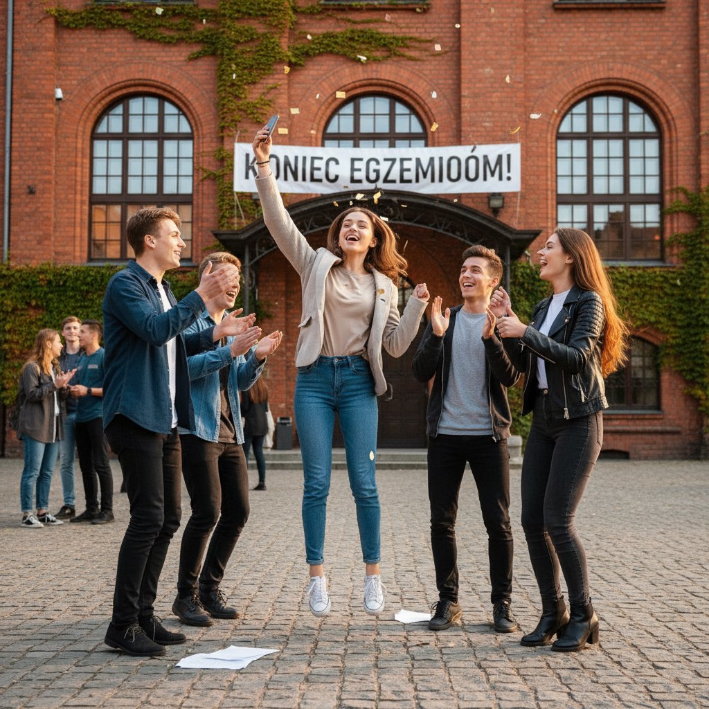 Polski uczeń świętuje wyniki egzaminu, telefon w ręku, radość z przyjaciółmi