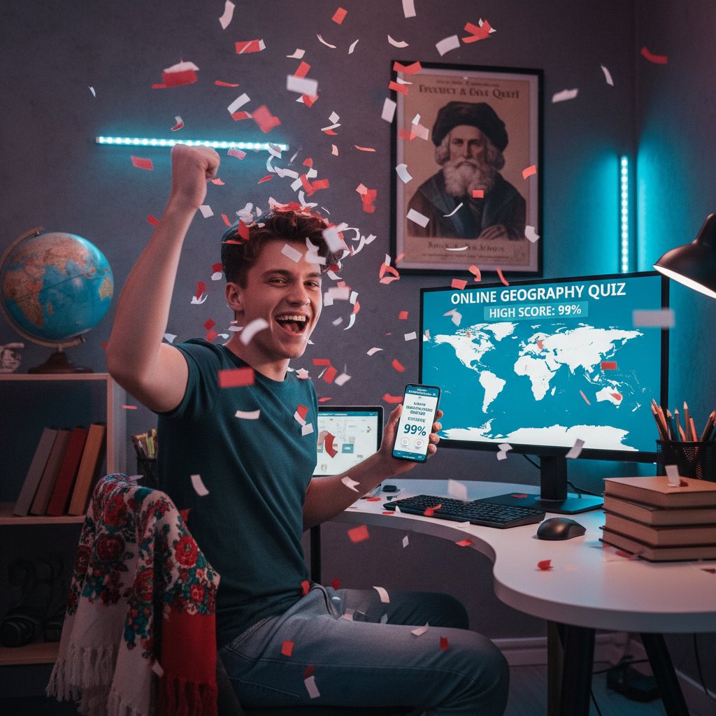 Polski uczeń świętujący sukces w quizie geograficznym online