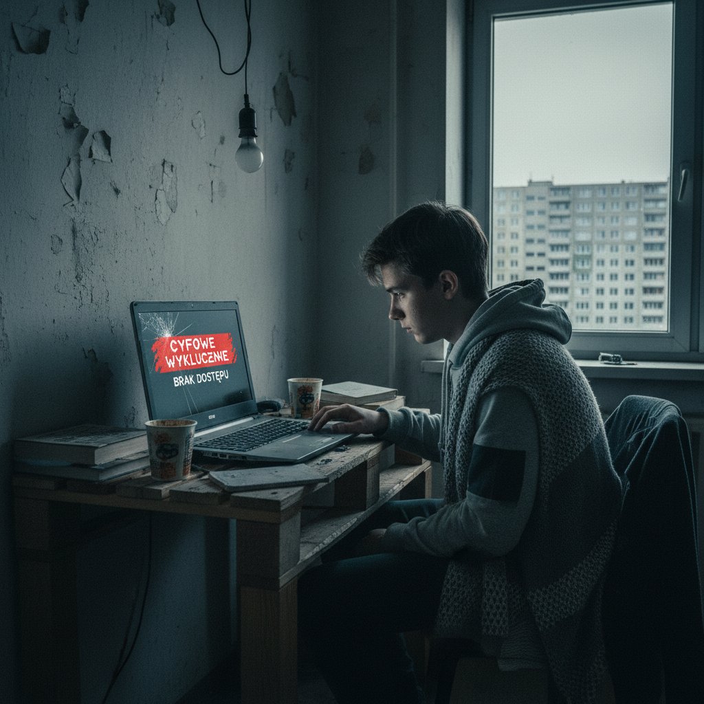 Samotny uczeń w małym mieszkaniu korzystający z taniego laptopa podczas lekcji online