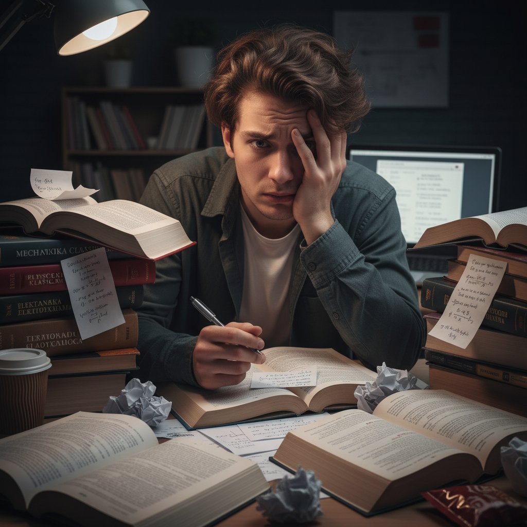 Stresująca sytuacja: uczeń szukający odpowiedzi w gotowcach, zdezorientowany i przygnębiony, otoczony stertą kartek