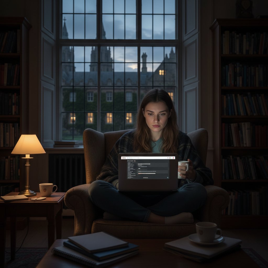 Student sprawdzający wyniki egzaminu cambridge online na laptopie wieczorem