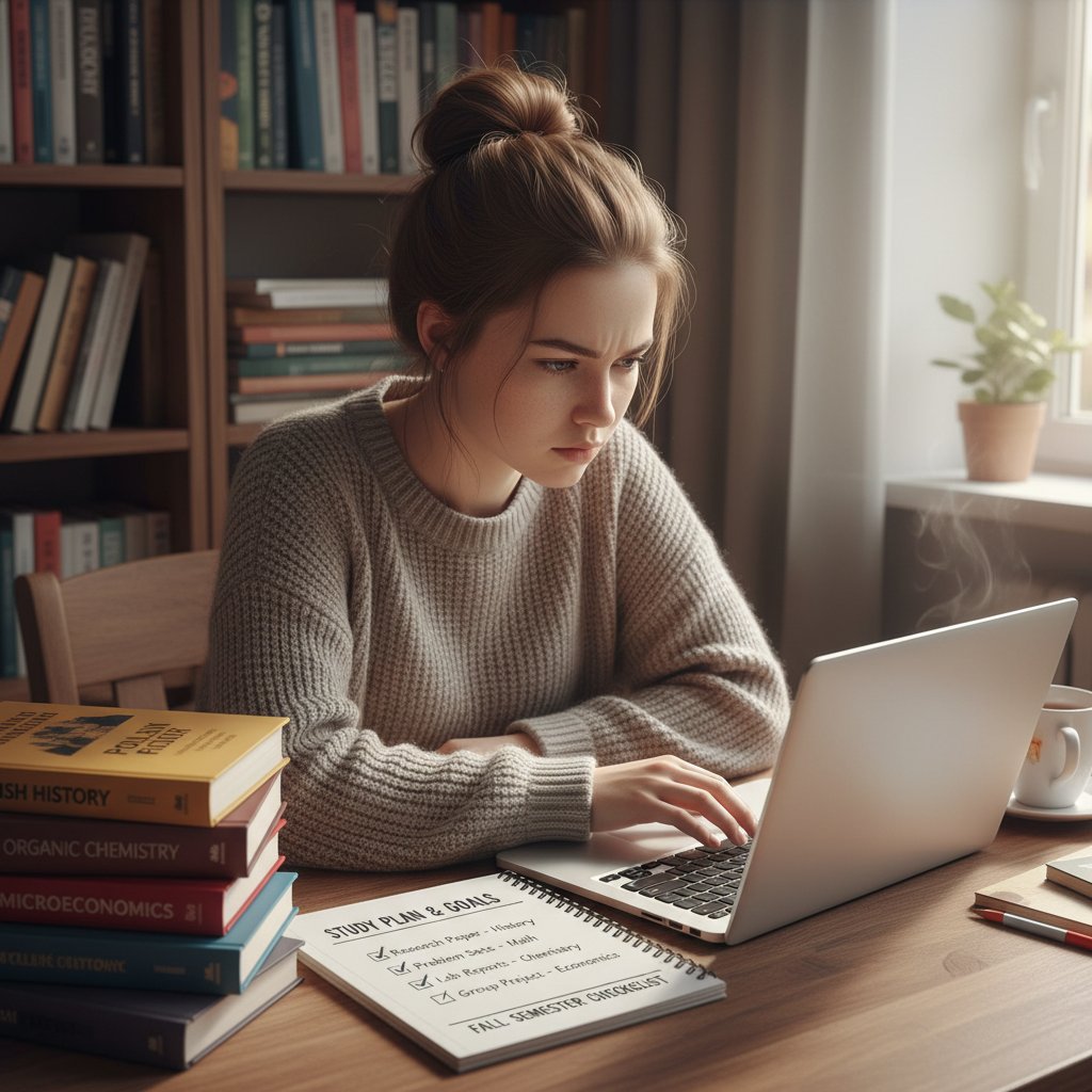 Uczeń odhaczający punkty na liście kontrolnej, książki i laptop na tle, atmosfera koncentracji
