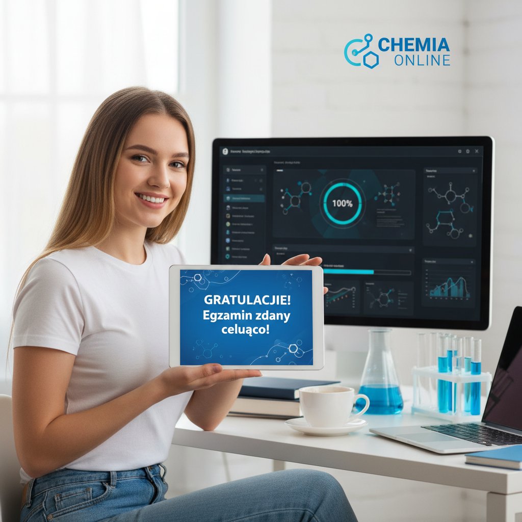 Portret ucznia technikum korzystającego z platformy online do nauki chemii
