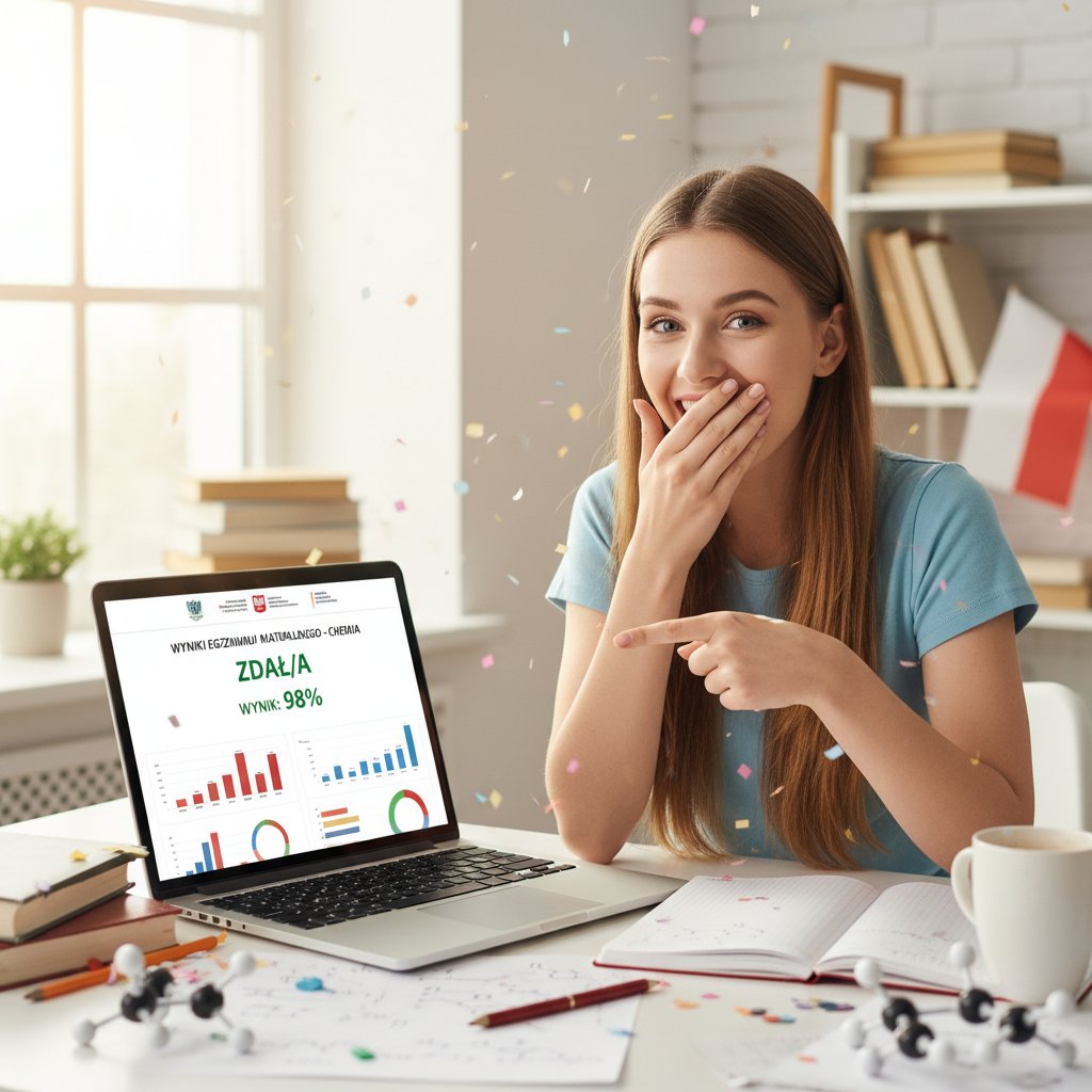 Uczeń świętujący sukces po maturze z chemii online, radość, laptop, kartka z wynikiem 90%