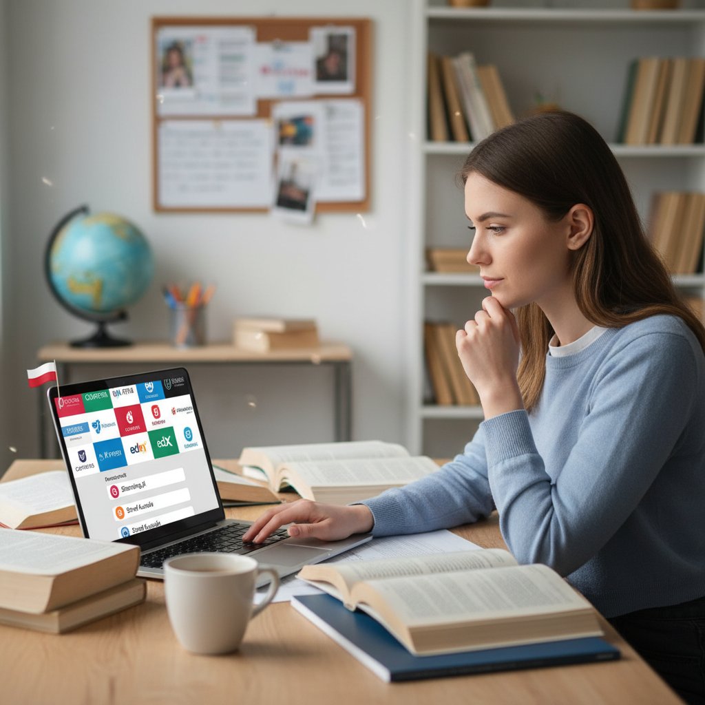 Student wybierający kurs francuskiego online na tle różnych platform edukacyjnych