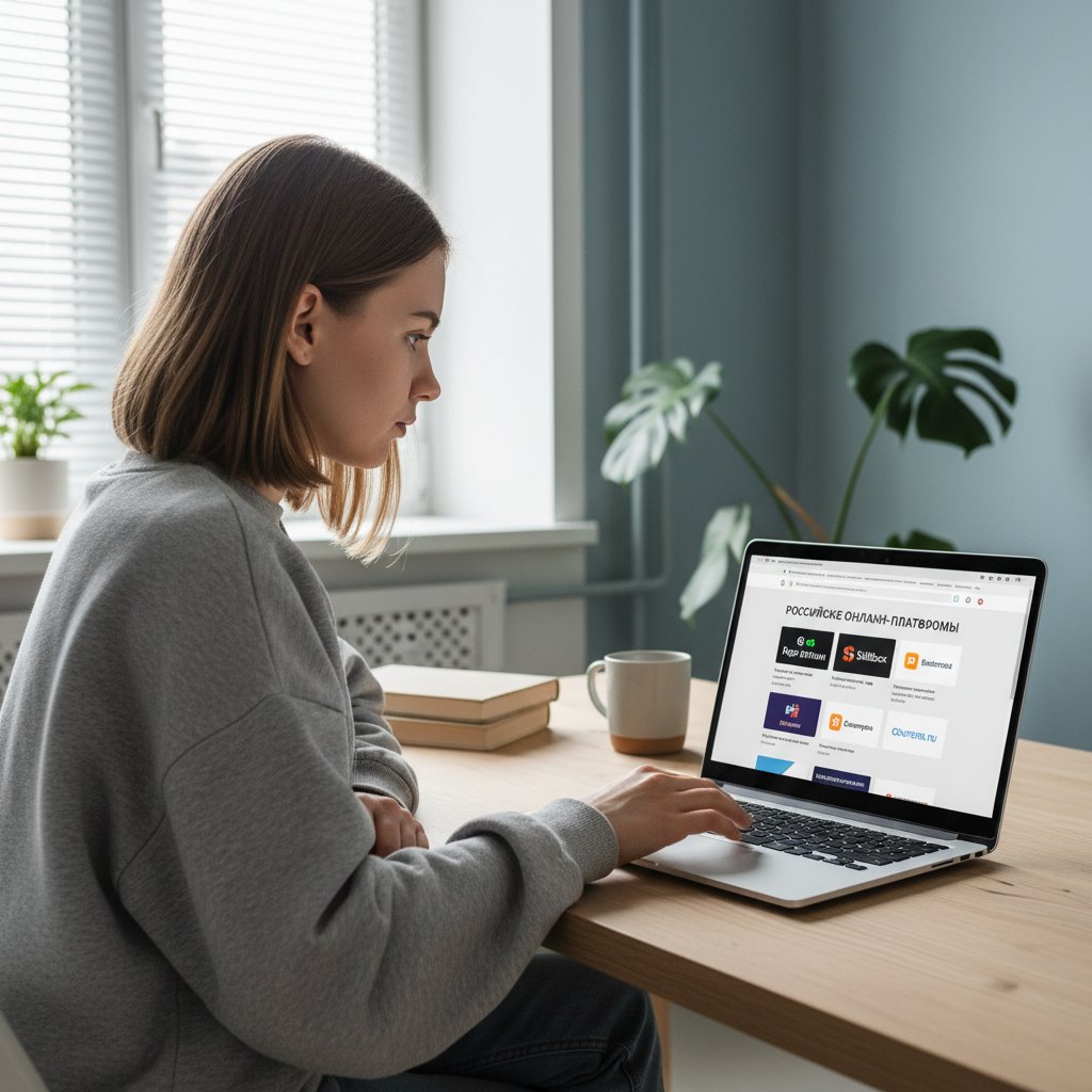 Polski student wybiera platformę do nauki rosyjskiego online, laptop, nowoczesne wnętrze, skupienie na ekranie z różnymi opcjami