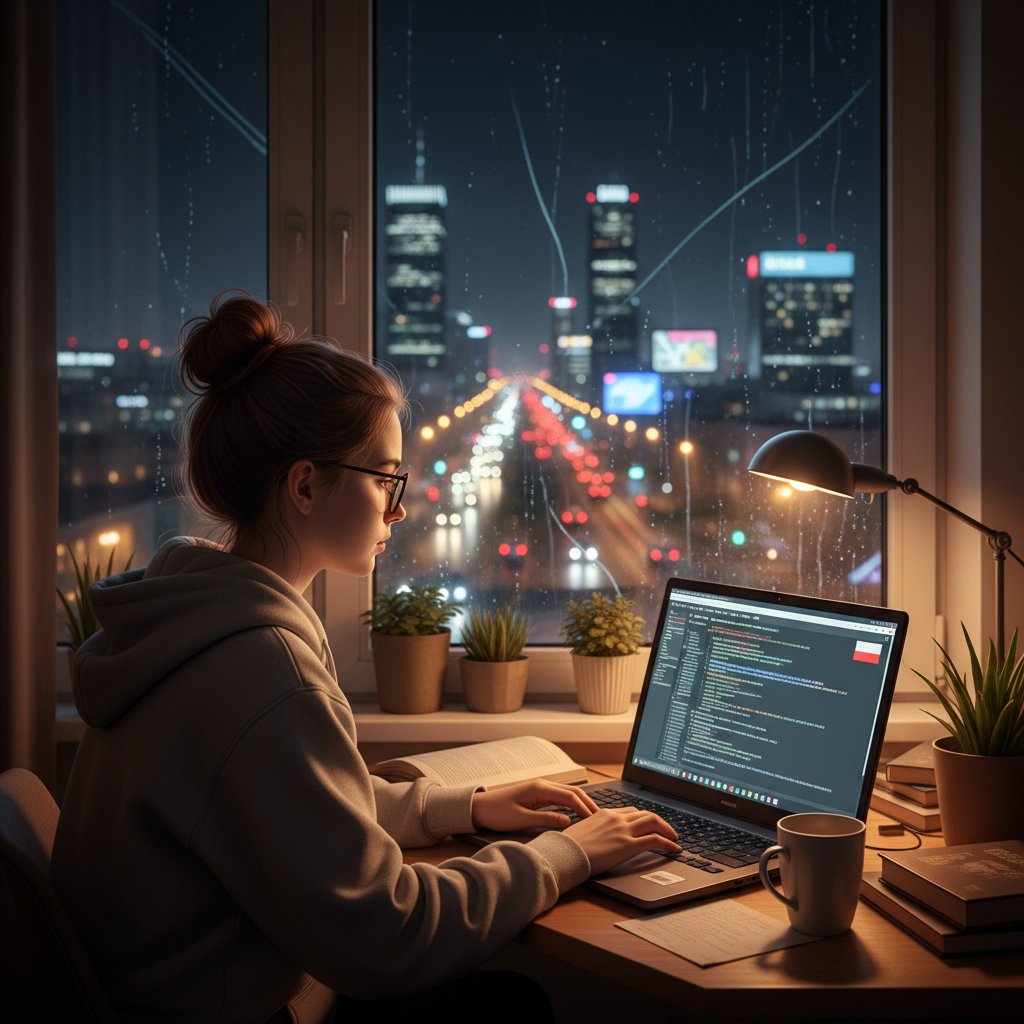 Uczeń przygotowujący się do matury z informatyki online, ekran z kodem i zadaniami egzaminacyjnymi, nocne światło miasta za oknem