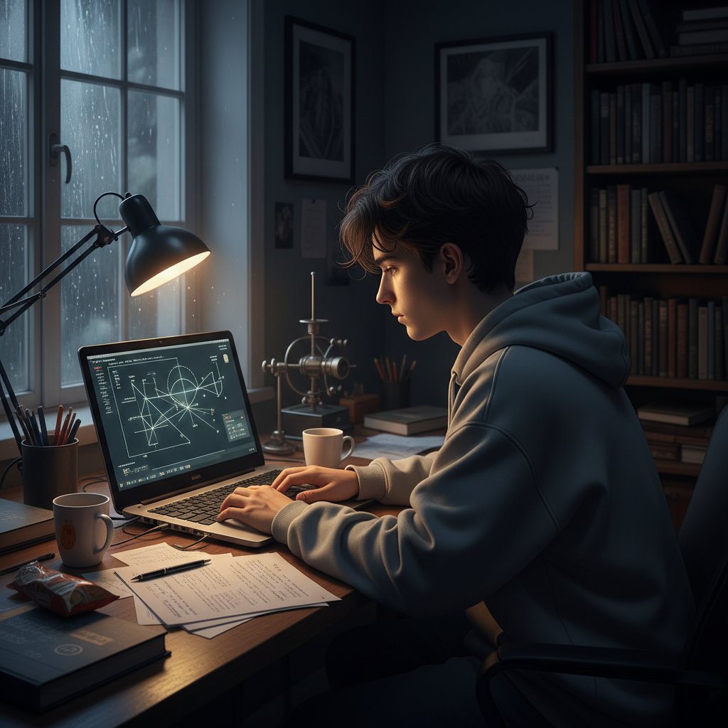 Uczeń fizyki podczas korepetycji online, skupiony nad komputerem, ekran pełen rysunków promieni świetlnych, atmosfera wyzwania